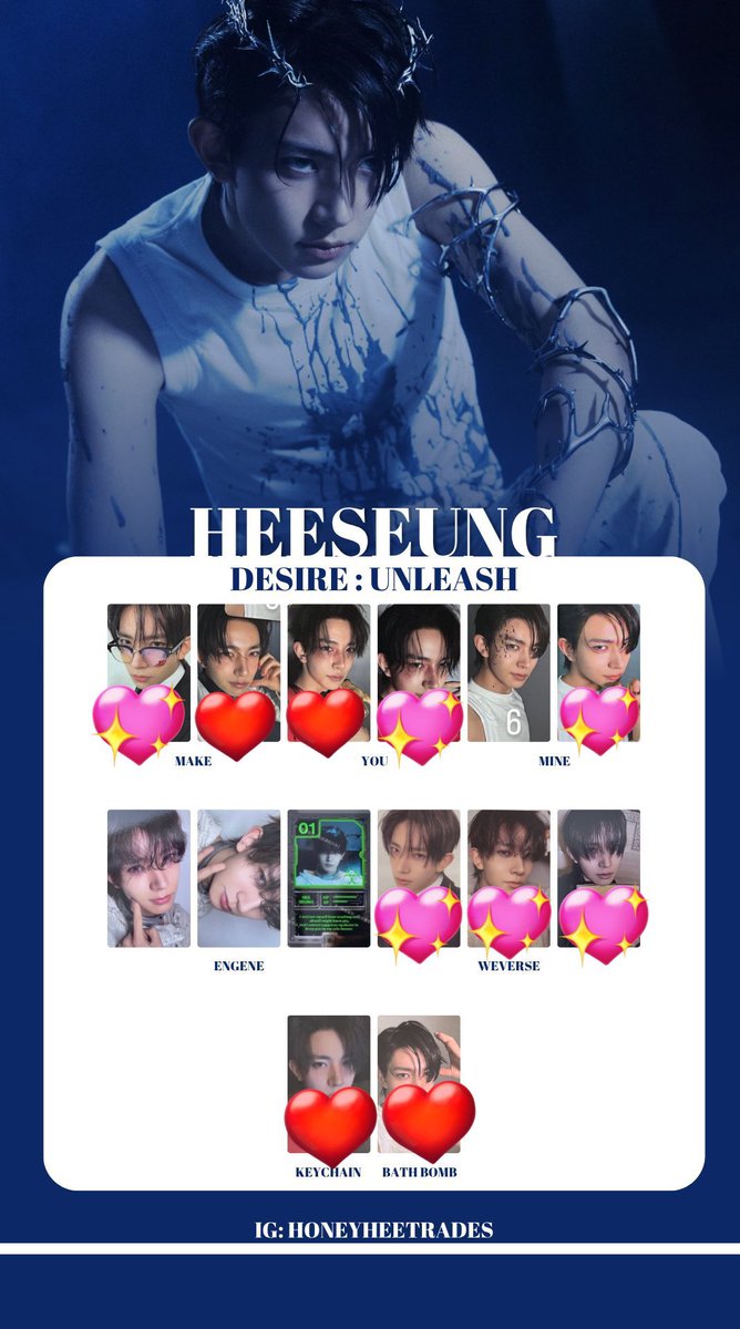 enxlv_'s tweet photo. ENHYPEN DESIRE : UNLEASHトレカ 交換

譲）1枚目ソヌ

求）2枚目ヒスン💖＞❤️
3枚目ジェイ💖＞❤️

異種交換となりますので難しいとは思いますが、お心当たりがある方がいらっしゃいましたらお気軽にDM、リプライよろしくお願いいたします。 https://t.co/87rRvycTPF