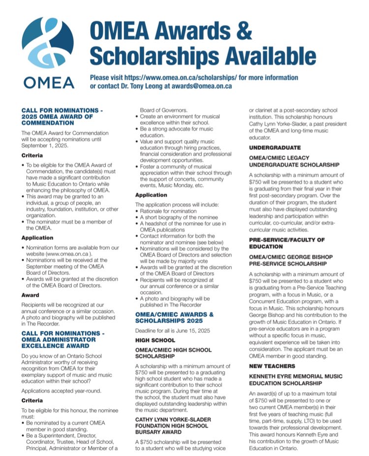 OMEA Awards and Scholarships are available. Get all the info here: omea.on.ca/scholarships/