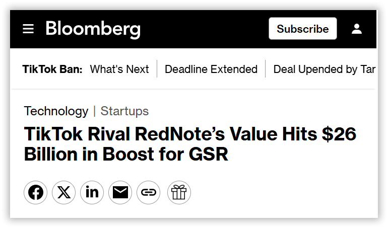 " Xiaohongshu’s valuation surged to $26 billion in recent market transactions via a major fund, an unusually fast ascent that underscores how the Chinese social media phenom is making headway against TikTok in the US."

Sorry, but how does a surge in valuation mean Rednote is