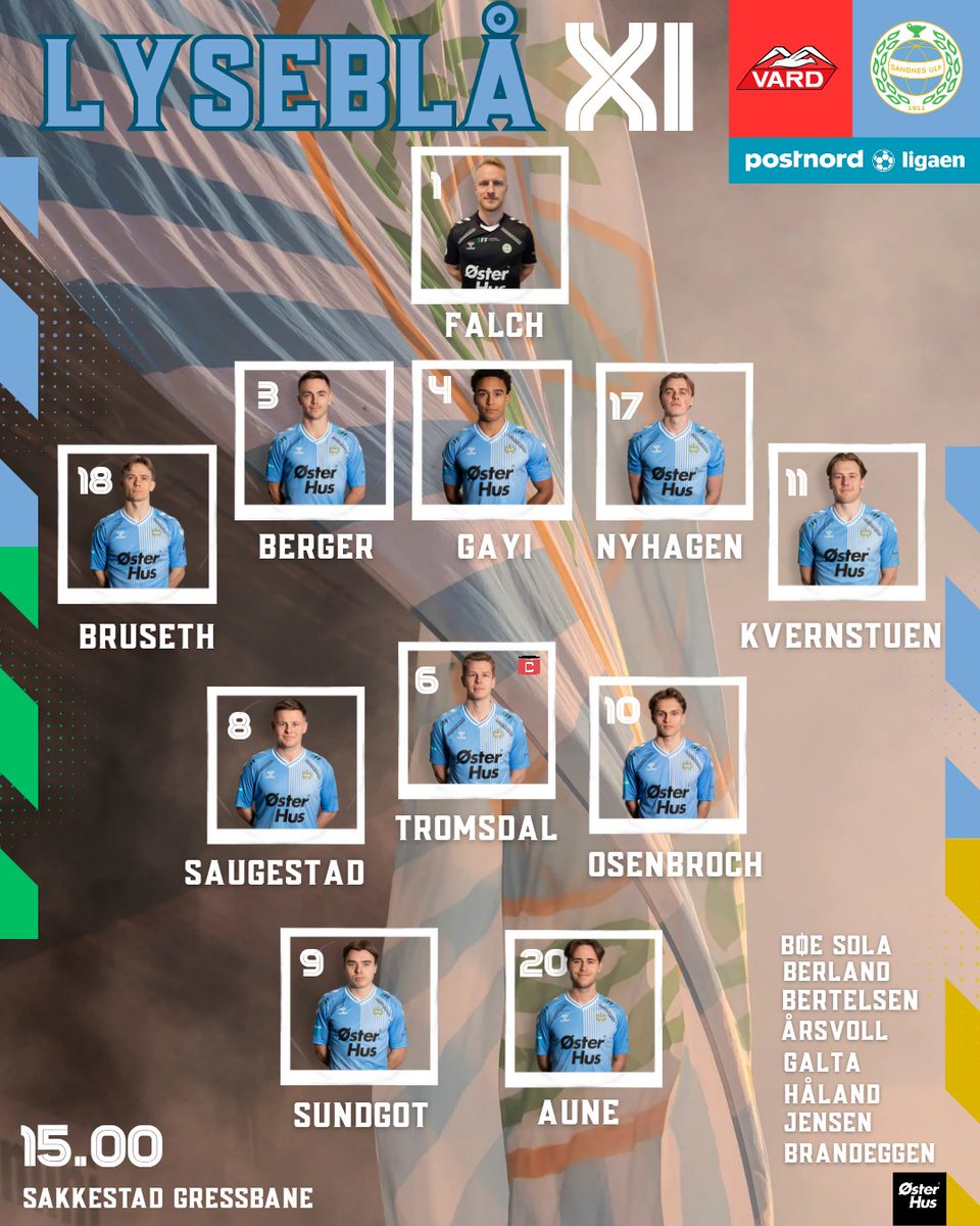 Disse starter mot Vard! 📜 

XI | Falch, Bruseth, Berger, Gayi, Nyhagen, Kvernstuen, Saugestad, Tromsdal (K) Osenbroch, Sundgot, Aune

🔄 | Bøe Sola, Bertelsen, Berland, Galta, Årsvoll, Håland, Brandeggen, Jensen 

🕒 15.00 | Sakkestad gressbane 

#JobbaJobbaJobba