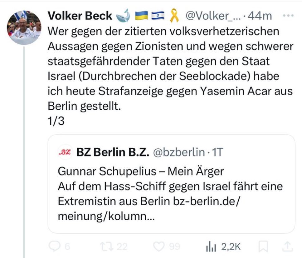 German state funded Israel lobbyist is suing the Gaza ship for endangering the Israeli state