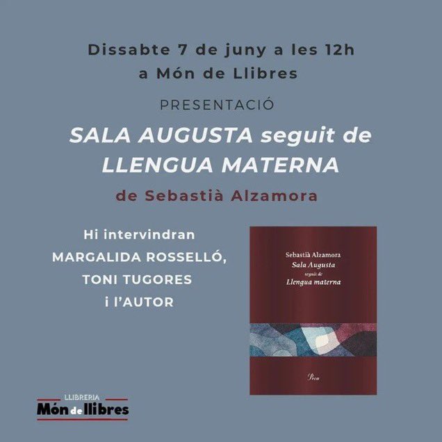 Jaume Claret (@claretvives) on Twitter photo Nova presentació de “Sala Augusta & Llengua materna” by <a href="/sebastialzamora/">Sebastià Alzamora</a> (<a href="/Ed_proa/">Edicions Proa</a>) amb Margalida Rosselló ‘sa madona des molí’ (<a href="/EscolaMallorqui/">Escola Municipal de Mallorquí</a>) & Antoni Tugores (amb calçons llargs com recomanen els estilistes <a href="/jordiamat22/">Jordi Amat</a> & <a href="/mallauger/">Miquel Àngel Llauger</a>) a Món de Llibres de Manacor Nova presentació de “Sala Augusta & Llengua materna” by <a href="/sebastialzamora/">Sebastià Alzamora</a> (<a href="/Ed_proa/">Edicions Proa</a>) amb Margalida Rosselló ‘sa madona des molí’ (<a href="/EscolaMallorqui/">Escola Municipal de Mallorquí</a>) & Antoni Tugores (amb calçons llargs com recomanen els estilistes <a href="/jordiamat22/">Jordi Amat</a> & <a href="/mallauger/">Miquel Àngel Llauger</a>) a Món de Llibres de Manacor