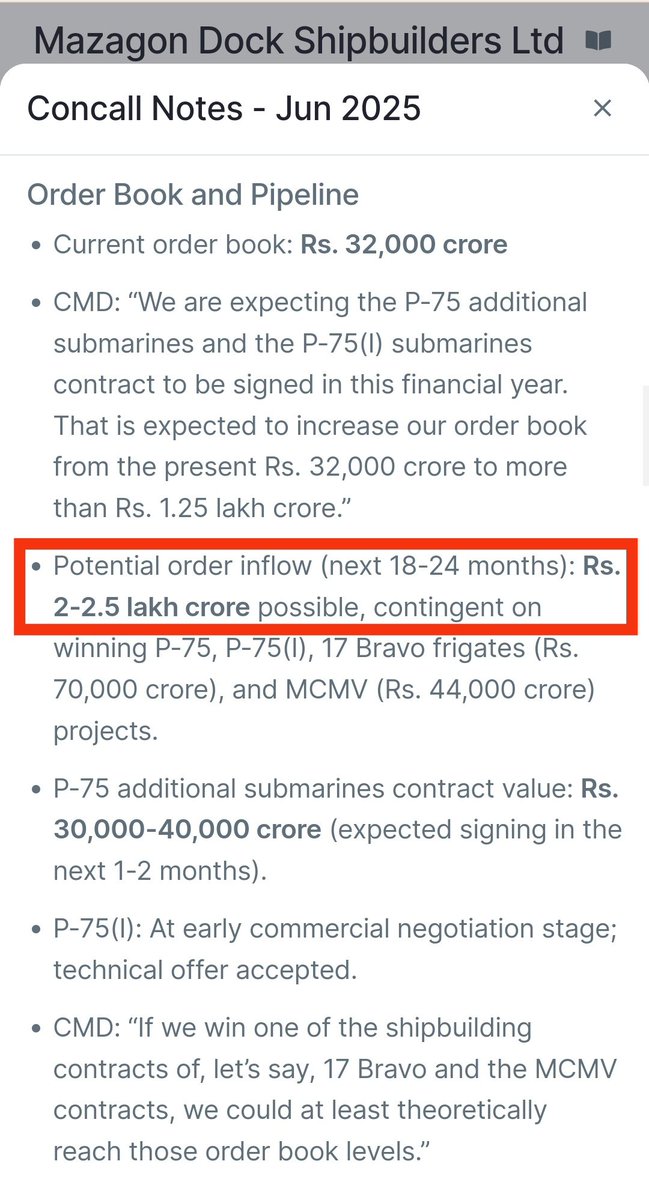 #Mazdock

Potential order inflow 2-2.5 lakh cr in next 18-24 months

Current order book 32000 cr