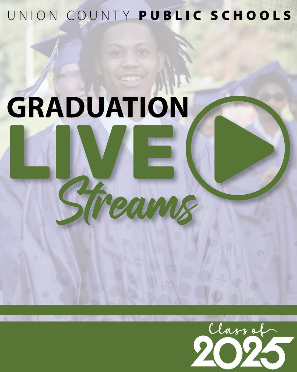 If you can't make it to a #UCPS graduation, no worries! Here are the live stream links to the ceremonies: 
<a href="/PorterRidgeHSNC/">Porter Ridge High School</a>: youtube.com/live/ZWx_o7cFY…
<a href="/SunValleyHSNC/">Sun Valley High School</a>: youtube.com/live/8GiFiPRdZ…
<a href="/WeddingtonHSNC/">Weddington High School</a>: youtube.com/live/Cr39fhAfZ…
<a href="/AGHoulihan/">Andrew G. Houlihan</a>