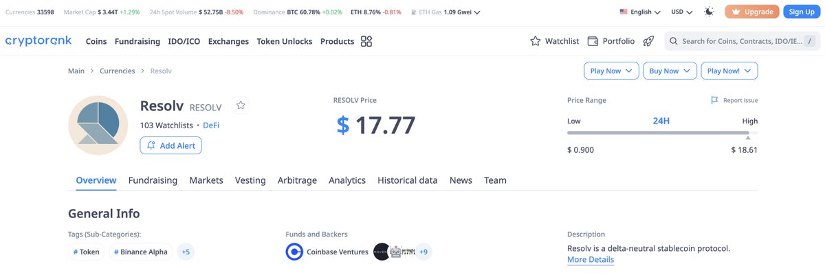 While I am "glad" to see BingX numbers that suggest Resolv FDV is close to MCap of Circle, I should definitely highlight that the project has no relation to this “pre-market” with minimal volumes and pretty wild price action.

Too bad that aggregators are picking up this feed.