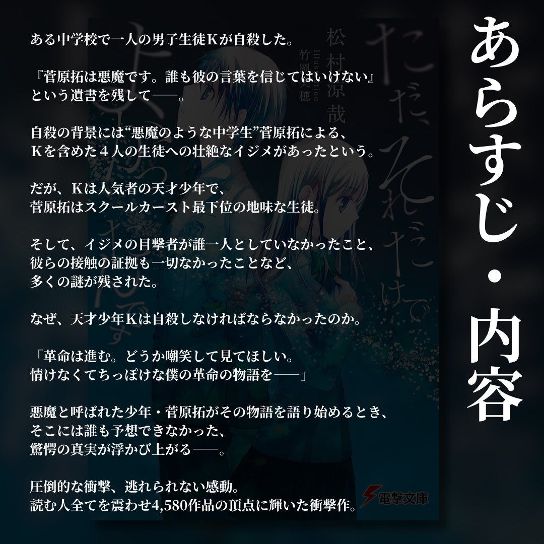 #松村涼哉 著『#ただそれだけでよかったんです』#読了

中学校を舞台としたいじめ問題がテーマの物語。無数にあるこのテーマの中で描かれたのは意表をつく物語だった。加害者と被害者、取り巻き、家庭、学校、教育システムが複雑に絡み合う世界で起きる悲劇には、強い痛みだけが虚しく残る。
