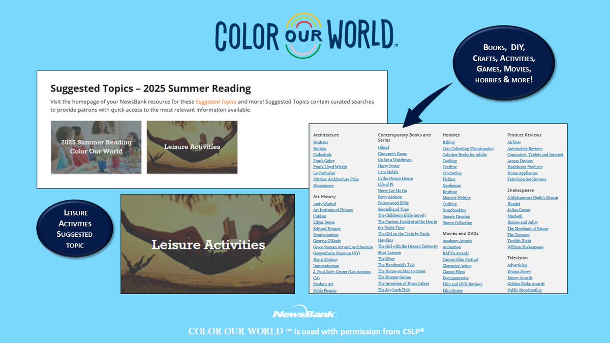 NewsBank's tweet image. Young patrons can be their own muse and explore #NewsBank articles and activities about creative pursuits, DIY activities and crafts, hobbies, and more in the Leisure Activities Suggested Topic for #SummerReading. #CSLPReads #ColorOurWorld