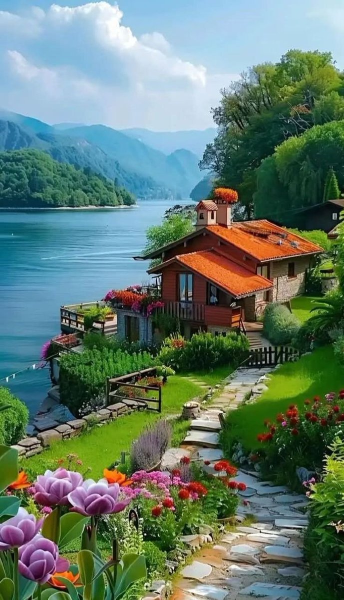 A lakeside cottage, flowers in bloom, and a serene view of the mountains.🙏🌷✨