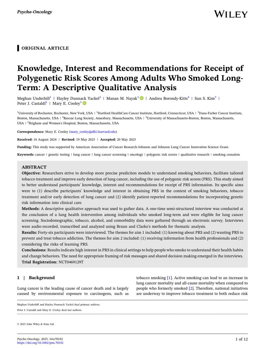 Psycho-Oncology (@psyonc) on Twitter photo Can genetic risk scores help people who smoke make healthier choices?
This study found high interest in polygenic risk scores (PRS) to guide smoking cessation & lung cancer prevention, highlighting the need for clear comm & shared decision-making <a href="/PsyOnc/">Psycho-Oncology</a>
onlinelibrary.wiley.com/doi/10.1002/po… Can genetic risk scores help people who smoke make healthier choices?
This study found high interest in polygenic risk scores (PRS) to guide smoking cessation & lung cancer prevention, highlighting the need for clear comm & shared decision-making <a href="/PsyOnc/">Psycho-Oncology</a>
onlinelibrary.wiley.com/doi/10.1002/po…