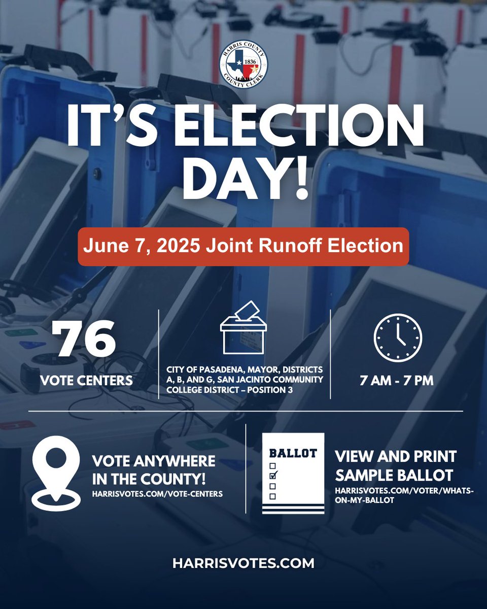 Today is ELECTION DAY, your last opportunity to vote in the June 7 Joint Runoff Election! 🗳️ 

If you reside in the City of Pasadena or San Jac College District, make sure to set aside time to vote TODAY. Make a plan to vote at harrisvotes.com.
