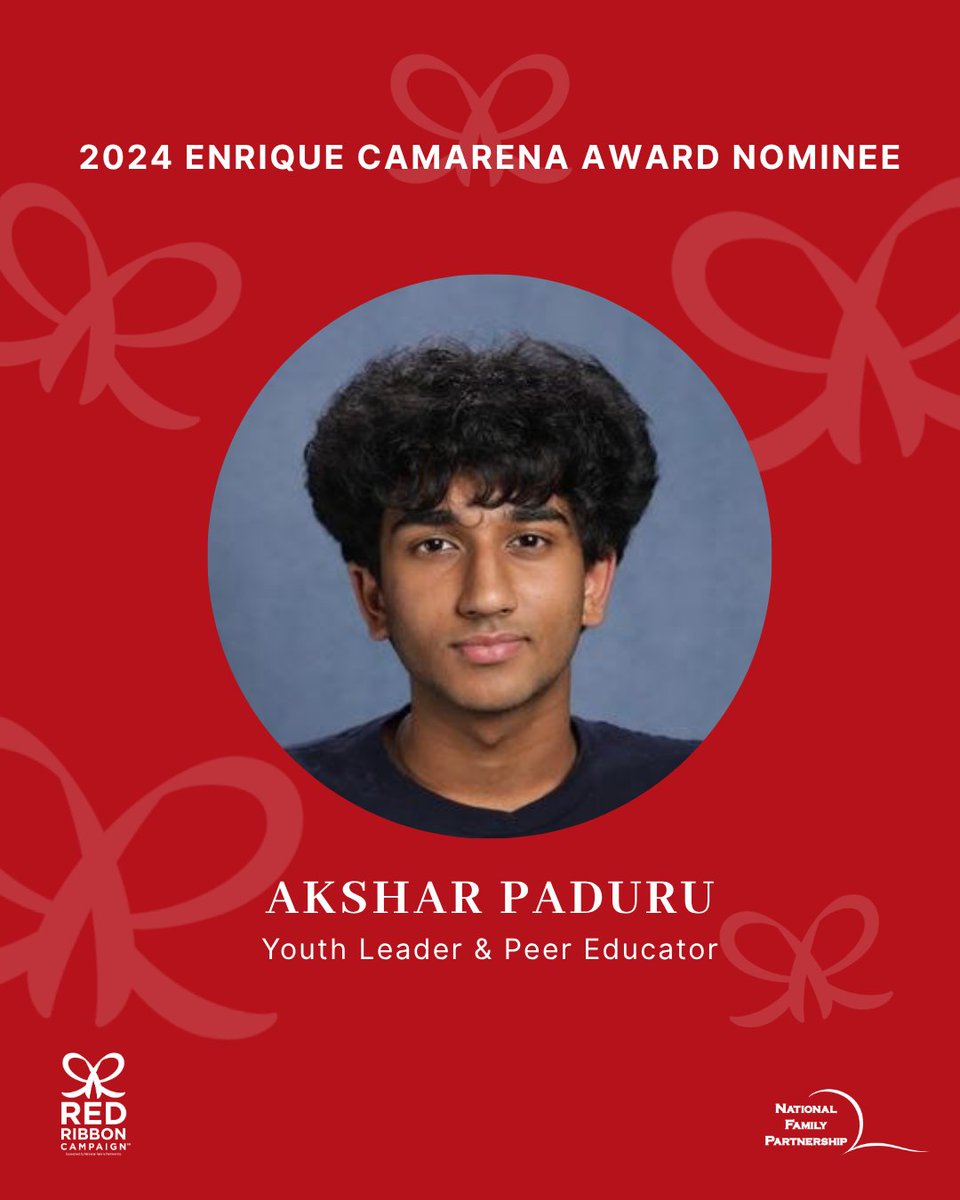 We're proud to honor Akshar Paduru as a 2024 Enrique Camarena Award nominee! This high school junior leads with action—creating awareness campaigns, joining mental health teams &amp; driving Red Ribbon Week forward. 👏 #NFP #YouthPrevention #EnriqueCamarenaAward #RedRibbonWeek