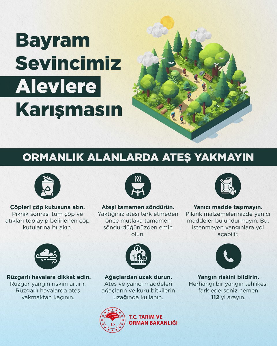 Küçük bir ihmal, büyük yangınlara sebep olabilir.

⚠️ Ateş yakma,
🚯 Çöp bırakma,
🌲 Yeşil Vatan’ı koru.
