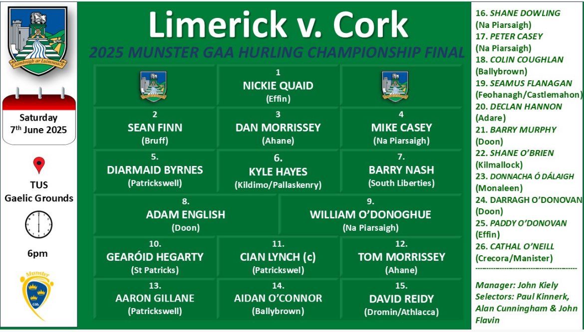 Best of luck to current student Hugh Flanagan, class of 2024 student Sean Casey and all involved with the <a href="/LimerickCLG/">Limerick GAA</a> Senior Hurling team today in the Munster Senior Hurling Championship Final🤞🏻🤞🏻

TI is at 6pm in Páirc na nGael🟢⚪️

#luimneachabú

<a href="/_bruffgaa/">Bruff GAA</a> <a href="/GarryspillaneGA/">Garryspillane GAA</a>