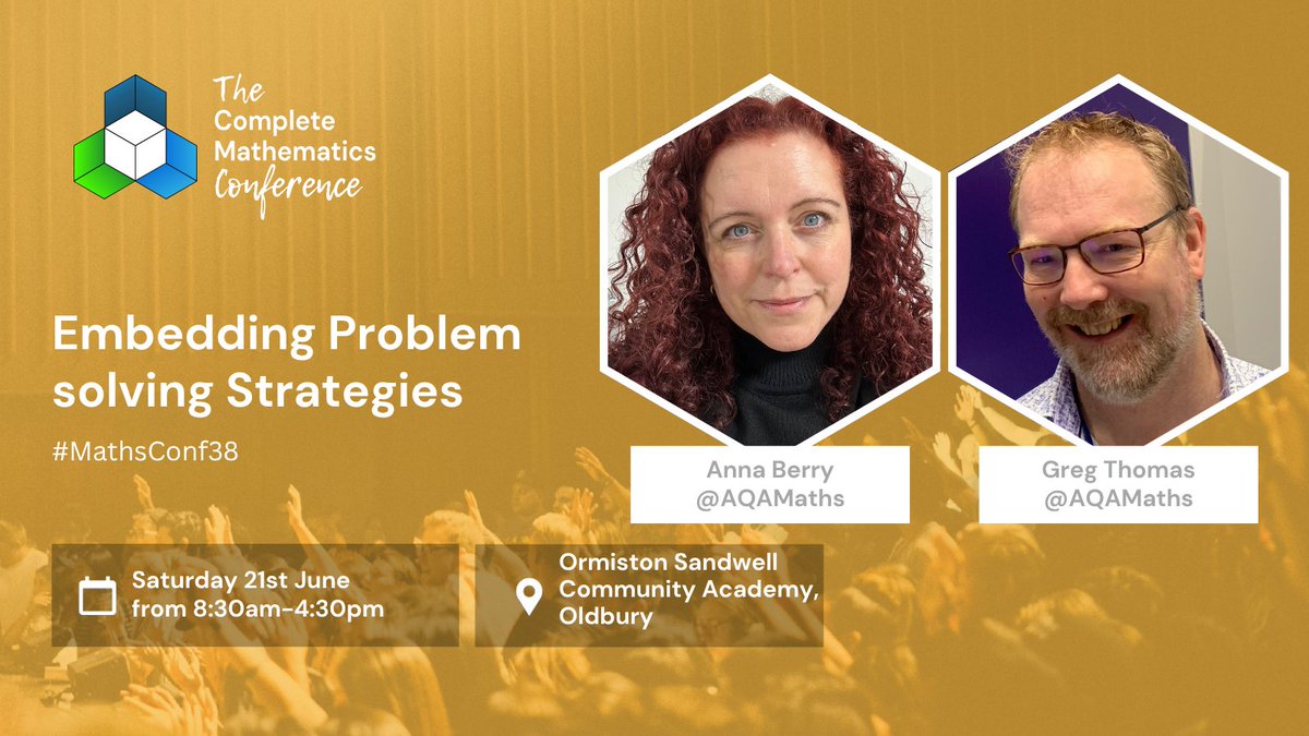 📣 Another #MathsConf38 workshop announcement!

🧩 Embedding Problem Solving Strategies

This one will be led by Anna Berry and Greg Thomas. <a href="/AQAMaths/">AQA Maths</a> 

Greg &amp; Anna will dive into the exam board agnostic Focus on Success: Problem Solving pack – a fantastic resource to help you