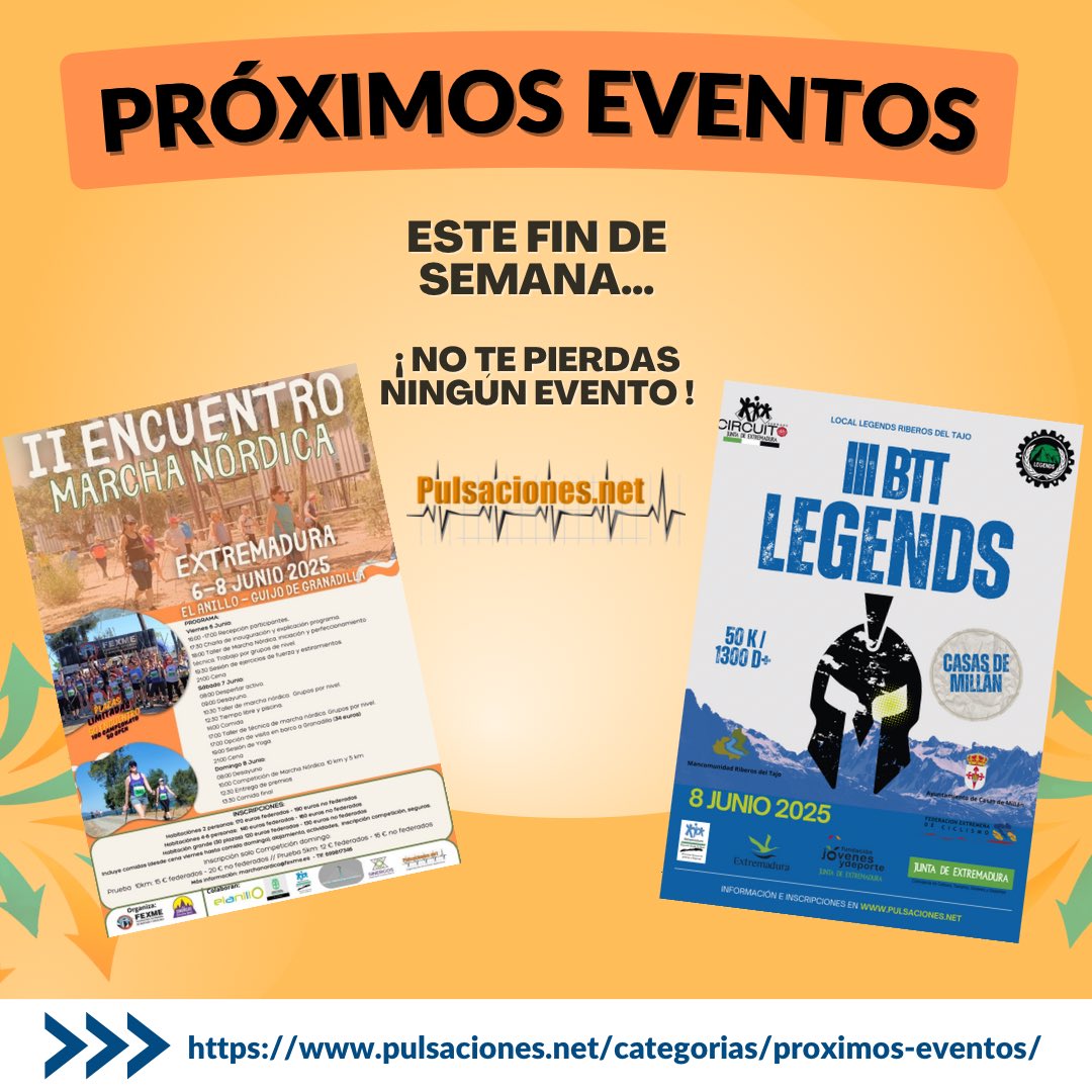 📢 En los próximos días 𝗲𝘀𝘁𝗮𝗿𝗲𝗺𝗼𝘀 𝗽𝗿𝗲𝘀𝗲𝗻𝘁𝗲𝘀 en varios Eventos Deportivos ⤵️

No te pierdas ninguna prueba de nuestro calendario de PRÓXIMOS EVENTOS ▶️ pulsaciones.net/categorias/pro…