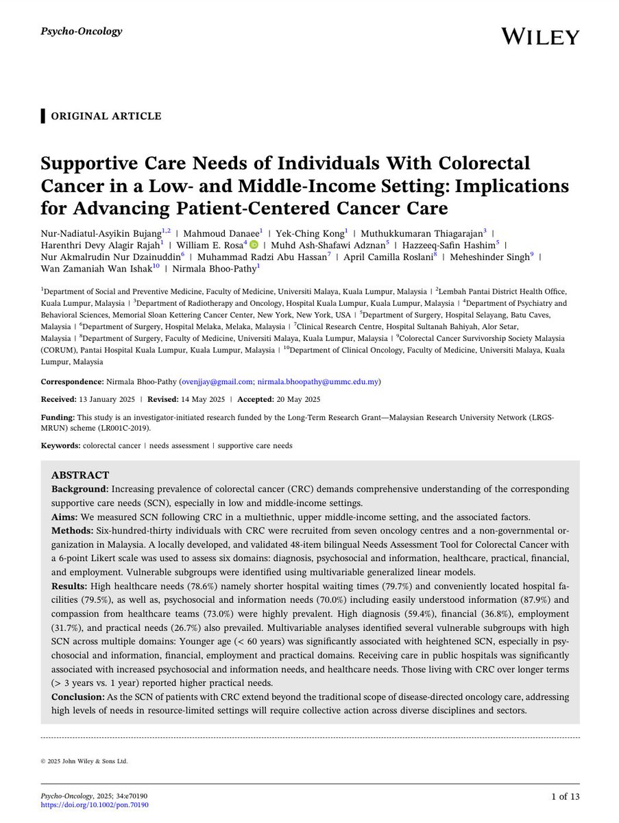 Psycho-Oncology (@psyonc) on Twitter photo Supportive care needs after colorectal cancer go far beyond treatment <a href="/PsyOnc/">Psycho-Oncology</a> <a href="/BillyRosaPhD/">Billy Rosa, PhD, MBE, APRN</a>
In Malaysia, patients reported high needs in healthcare access, clear info, and emotional support—especially younger adults and those in public hospitals
onlinelibrary.wiley.com/doi/10.1002/po… Supportive care needs after colorectal cancer go far beyond treatment <a href="/PsyOnc/">Psycho-Oncology</a> <a href="/BillyRosaPhD/">Billy Rosa, PhD, MBE, APRN</a>
In Malaysia, patients reported high needs in healthcare access, clear info, and emotional support—especially younger adults and those in public hospitals
onlinelibrary.wiley.com/doi/10.1002/po…