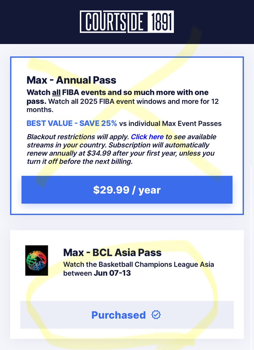 MAXのボタンを押して、下の方にあるBCL Asia passを選ぶと3.99ドルの支払いができます🙌上のannual  pass（✖️つけた方）だと全部コミコミの年間29.99ドルの契約になっちゃうのでお気をつけて‼️