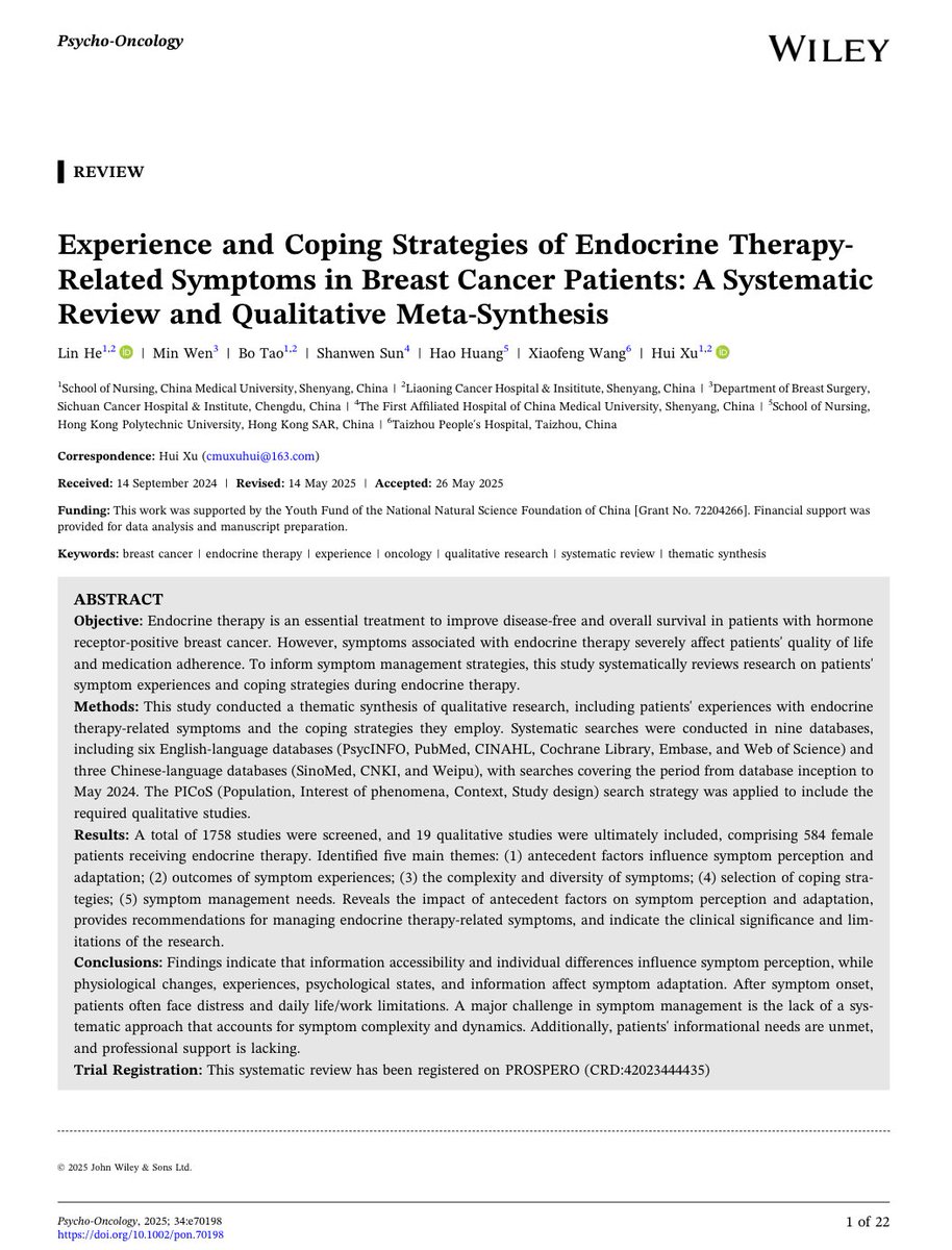 Psycho-Oncology (@psyonc) on Twitter photo “It’s not just the meds—it’s how we cope.” <a href="/PsyOnc/">Psycho-Oncology</a>
This systematic review of qualitative studies reveals how women on endocrine therapy for breast cancer experience and manage symptoms—and highlights major gaps in support, info, and care
onlinelibrary.wiley.com/doi/10.1002/po… “It’s not just the meds—it’s how we cope.” <a href="/PsyOnc/">Psycho-Oncology</a>
This systematic review of qualitative studies reveals how women on endocrine therapy for breast cancer experience and manage symptoms—and highlights major gaps in support, info, and care
onlinelibrary.wiley.com/doi/10.1002/po…