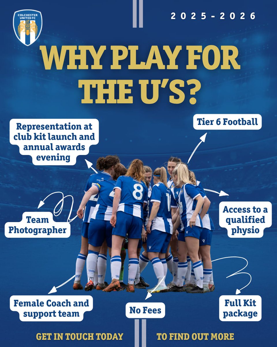 Why play for the U’s?

⚽ Tier 6
📸 Team Photographer
👩‍⚕️ Qualified Physio
💰 No Fees
🎽 Full Kit
🏆 Kit Launch &amp; Awards Night
👩‍💼 Female Coach &amp; Support Team

We are are building something exciting for 2025–26. Want in?

Get in touch today. #ColU #CUWFC #WeAreUnited
