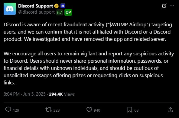 Bir kaç gündür önüme düşen bir proje vardı. $wump diye. Discord hesabımızı bağlayarak yaşına göre filan airdrop veriyordu. 
Scam çıkmış. 
Bazılarını sadece içerik olsun diye cüzdanlarımızı tehlikeye atması yetmiyormuş gibi şimdi de discord hesaplarımızı tehlikeye atıyor. Neymiş