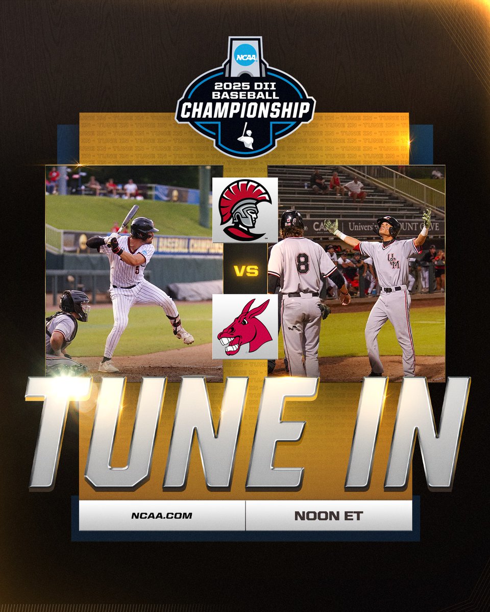 NCAA Division II (@ncaadii) on Twitter photo LET'S PLAY BALL ⚾️
<a href="/Mules_Baseball/">Roll Stable</a> and <a href="/UTampaBaseball/">Tampa Baseball</a> face off at Noon ET today in Game 2 of the #D2BSB National Championship Series.
The Mules are trying to clinch the championship while the Spartans look to force Game 3!
Don't miss the action: on.ncaa.com/25D2bsbNCSg2 LET'S PLAY BALL ⚾️
<a href="/Mules_Baseball/">Roll Stable</a> and <a href="/UTampaBaseball/">Tampa Baseball</a> face off at Noon ET today in Game 2 of the #D2BSB National Championship Series.
The Mules are trying to clinch the championship while the Spartans look to force Game 3!
Don't miss the action: on.ncaa.com/25D2bsbNCSg2