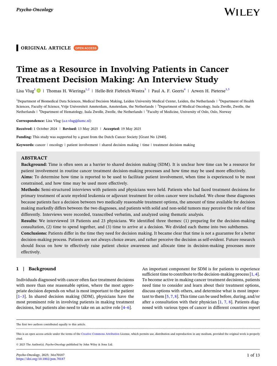 Psycho-Oncology (@psyonc) on Twitter photo Is more time always better for shared decision-making? <a href="/PsyOnc/">Psycho-Oncology</a>
This study finds that time matters—but how it’s used matters more. Patients vary in how much time they need, and many aren’t even aware they have a choice
onlinelibrary.wiley.com/doi/10.1002/po… Is more time always better for shared decision-making? <a href="/PsyOnc/">Psycho-Oncology</a>
This study finds that time matters—but how it’s used matters more. Patients vary in how much time they need, and many aren’t even aware they have a choice
onlinelibrary.wiley.com/doi/10.1002/po…