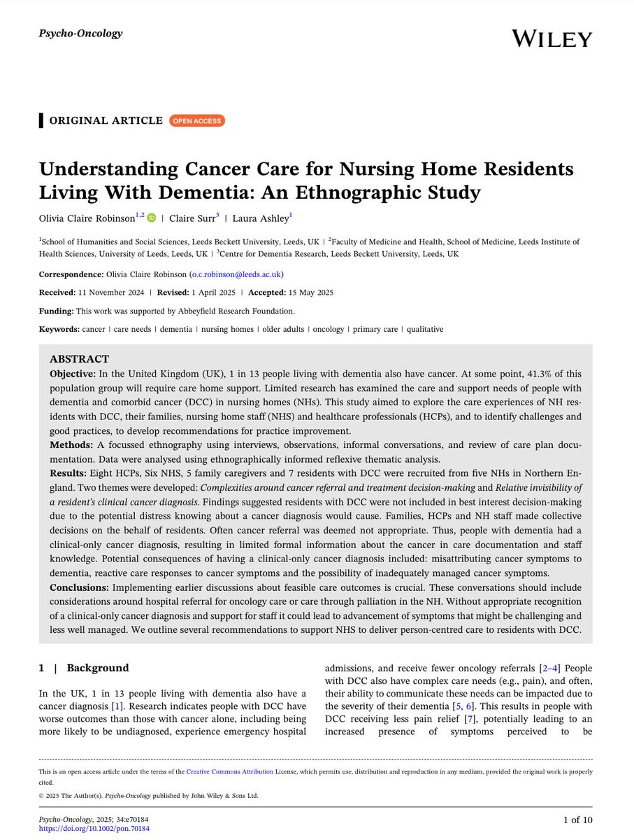 Psycho-Oncology (@psyonc) on Twitter photo “Clinical-only” cancer diagnoses leave many residents with dementia unseen.
In UK nursing homes, people with dementia & cancer often miss out on key decisions & symptom management. Time to support staff & rethink how we care <a href="/PsyOnc/">Psycho-Oncology</a>
onlinelibrary.wiley.com/doi/10.1002/po… “Clinical-only” cancer diagnoses leave many residents with dementia unseen.
In UK nursing homes, people with dementia & cancer often miss out on key decisions & symptom management. Time to support staff & rethink how we care <a href="/PsyOnc/">Psycho-Oncology</a>
onlinelibrary.wiley.com/doi/10.1002/po…