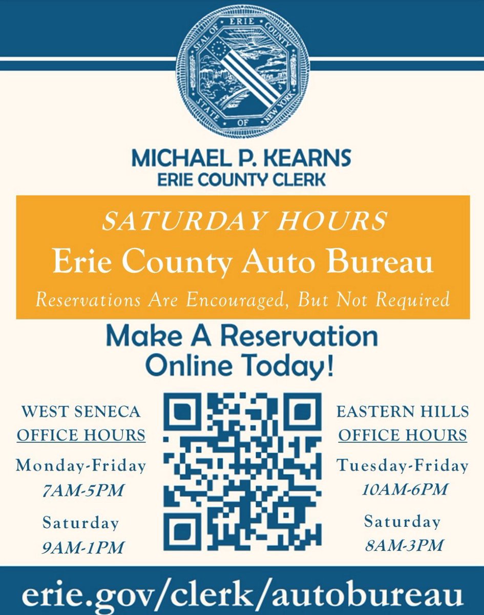Erie County Clerk Mickey Kearns (@eriecountyclerk) on Twitter photo The Erie County Auto Bureau is OPEN Saturdays at 2⃣locations: <a href="/EHMshopping/">Eastern Hills Mall</a> & <a href="/SouthgatePlaza/">SouthgatePlaza</a>.
In our effort to provide timely service and access our #DMVExpressLane, appointments are strongly encouraged. Visit us online at erie.gov/clerk.
#BeReady #DMV The Erie County Auto Bureau is OPEN Saturdays at 2⃣locations: <a href="/EHMshopping/">Eastern Hills Mall</a> & <a href="/SouthgatePlaza/">SouthgatePlaza</a>.
In our effort to provide timely service and access our #DMVExpressLane, appointments are strongly encouraged. Visit us online at erie.gov/clerk.
#BeReady #DMV