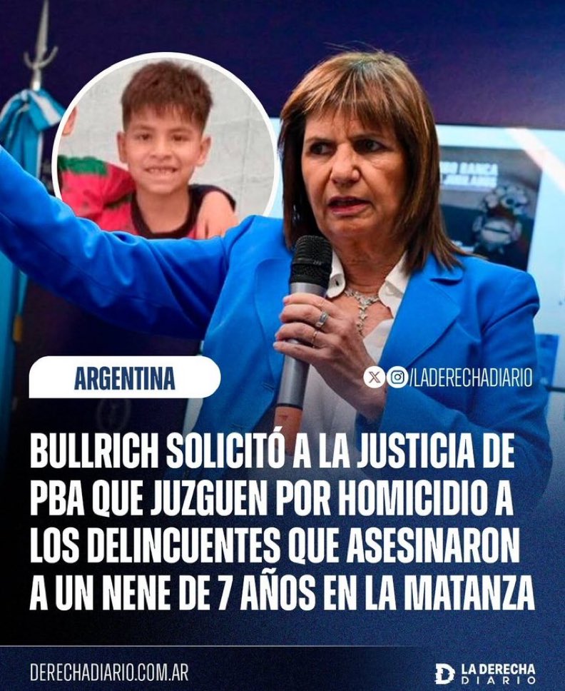 🚨BULLRICH SOLICITÓ a la JUSTICIA de PBA que JUZGUEN por HOMICIDIO a LOS DELINCUENTES que ASESINARON a un NENE de 7 AÑOS 

¿BANCAS el PEDIDO?👇🏼