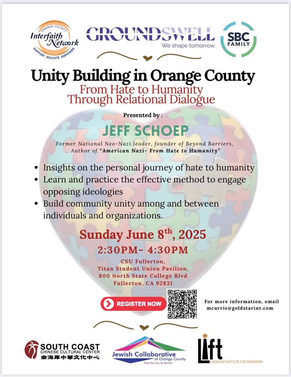 Tomorrow: Join us in Orange County, CA  for a Unity Building workshop: From Hate to #Humanity. I’ll share how Relational Dialogue bridges divides, &amp; demonstrate how to engage in the methodology. 
2:30–4:30PM @ CSU Fullerton.
[Register now] #Unity #RelationalDialogue #OCEvents