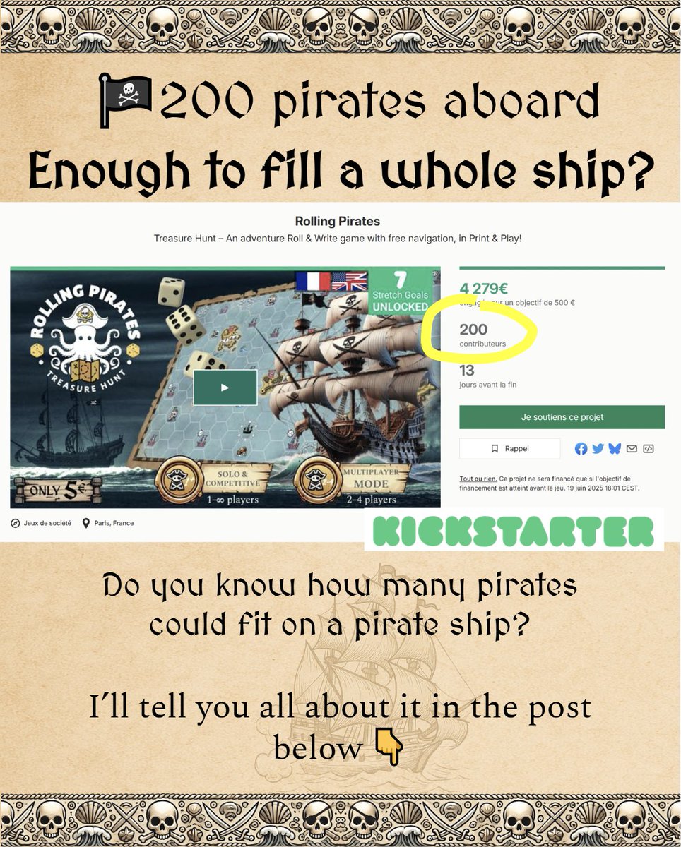roll_and_write's tweet image. 🏴‍☠️ 200 pirates aboard!
Enough to fill a real pirate ship… 

Most pirate crews had 50–100 scallywags, but some packed in 200! 💀

How many did you think fit on a ship? 👇

kickstarter.com/projects/rolln…

#RollingPirates #BoardGame #Kickstarter #BoardGame