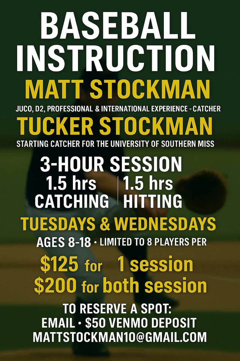 Matt Stockman (@mattstock10) on Twitter photo Anyone needing some strong hitting and or catching instruction pls let us know!! Starting this Tuesday June 10th. My son will be working the sessions with me <a href="/StockmanTucker/">Tucker Stockman</a> Anyone needing some strong hitting and or catching instruction pls let us know!! Starting this Tuesday June 10th. My son will be working the sessions with me <a href="/StockmanTucker/">Tucker Stockman</a>