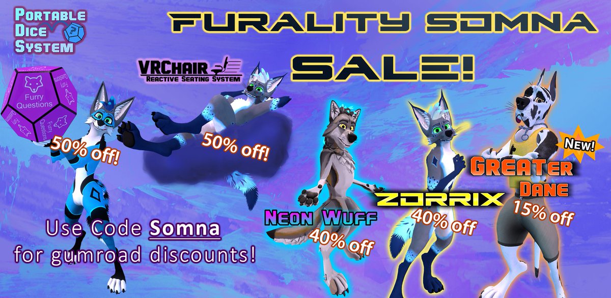 Wuffwick's tweet image. With #FuralitySomna I have a sale going on!  
Everything on wuffwick.gumroad.com is on sale if you use the code Somna at checkout!  

Avatars and props also available to play with in booth 204!
