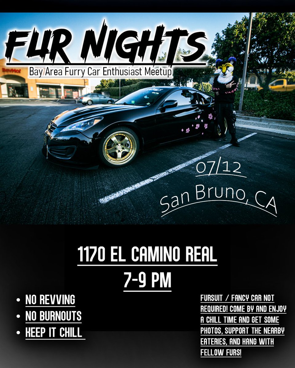 Happy to announce a new Furry car meet in the SF Bay! 
Always wanted to do something like this given the large population of car Furries here.
I will be shooting video and photo at this as well 👀
You do not need a fursuit or a fancy car to participate! Show up on a unicycle!