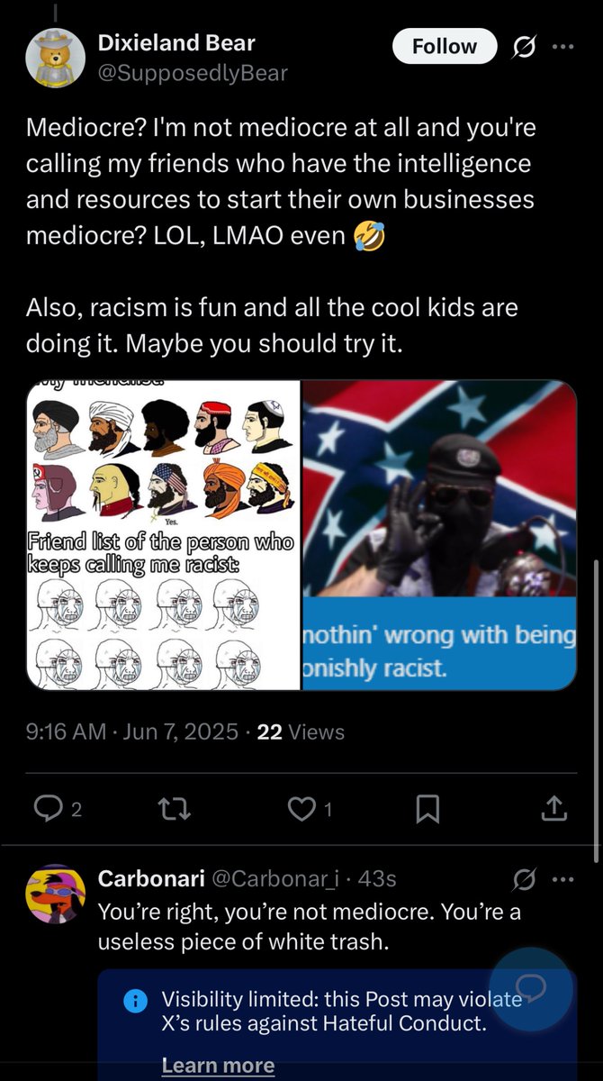 Carbonar_i's tweet image. Interesting that only one of these posts got flagged as “hateful”, no?
@elonmusk runs a site that enables racist trash at every turn.