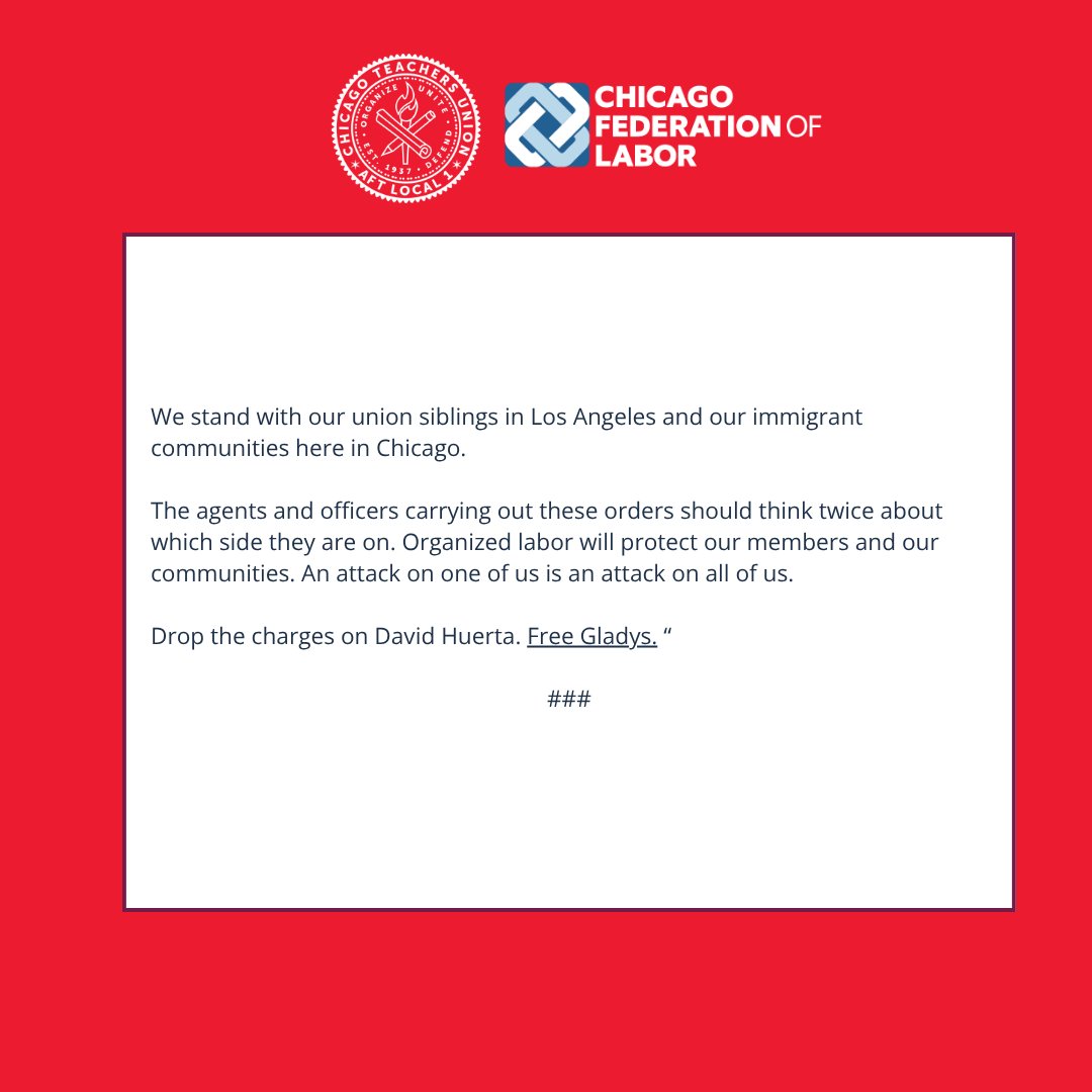 Chicago Teachers Union &amp; Chicago Federation of Labor Stand in Solidarity with Unions in Los Angeles and Our Immigrant Communities in Chicago