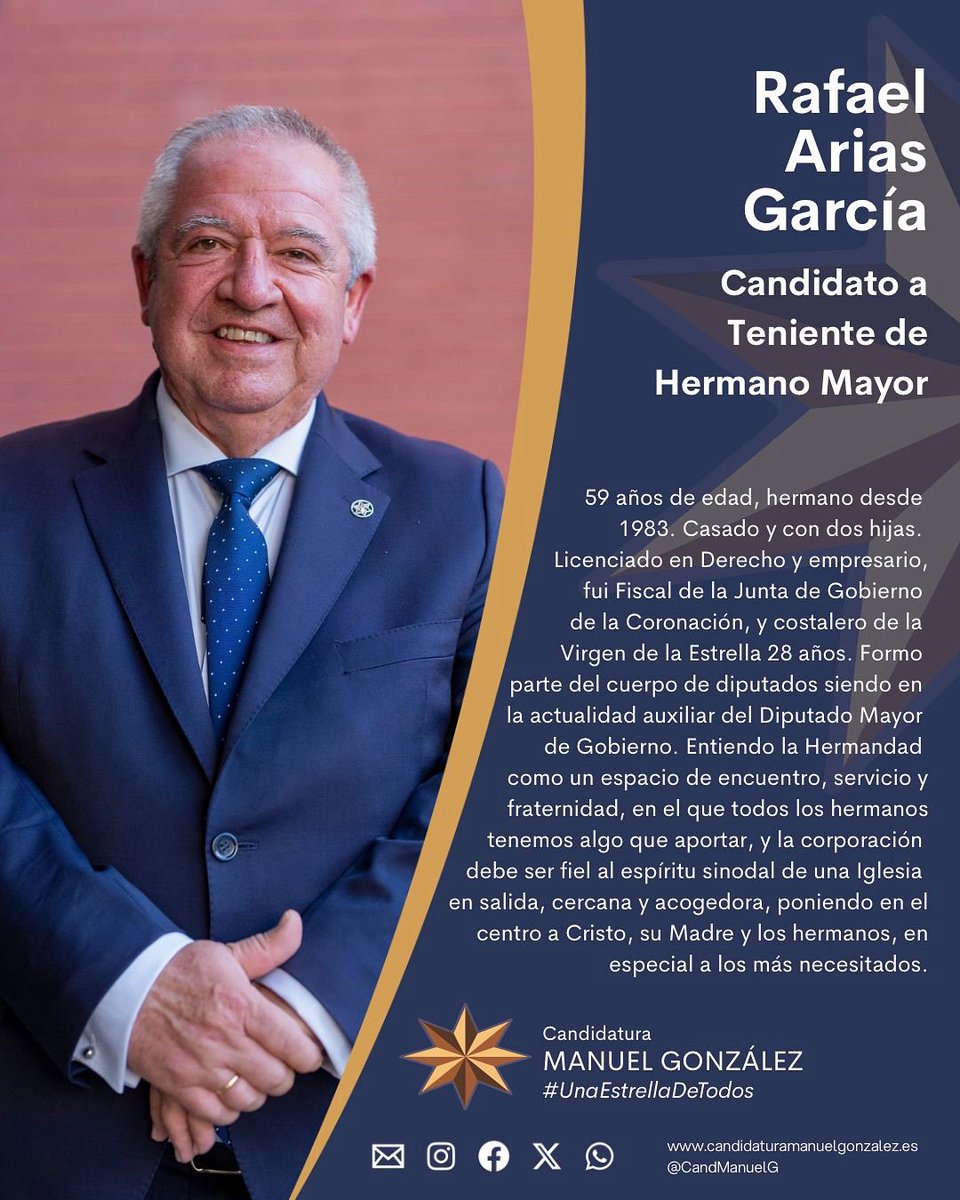 CandManuelG's tweet photo. 👤 Rafael Arias García

👉 Candidato a Teniente de Hermano Mayor

⭐️ Fue costalero, Fiscal de Junta de Gobierno y ahora es Auxiliar del DMG

⭐️ Cree en una Hermandad fraterna y centrada en Cristo, la Virgen y los más necesitados

ℹ️ https://t.co/lCslZsySkq

#UnaEstrellaDeTodos https://t.co/SDEi5y7QeR