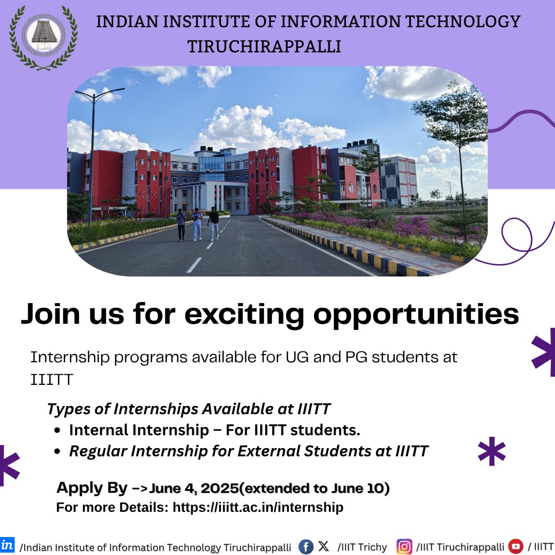 🌐 Step Into the Future — Intern with IIIT Tiruchirappalli!
This summer, transform your curiosity into capability with hands-on learning at a cutting-edge tech campus.

🗓️ Apply by June 4, 2025(extended to June 10)
🔗 Begin your journey: 
iiitt.ac.in/internship