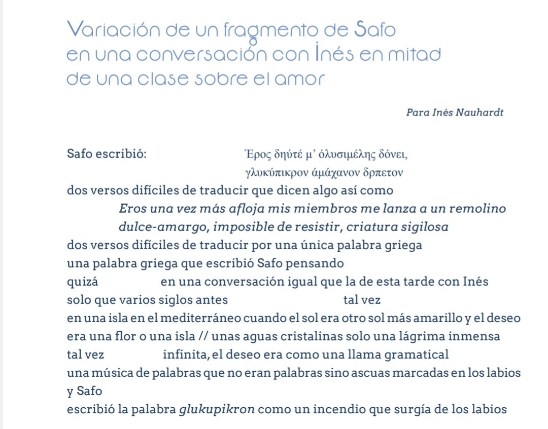 Jesuspachecoprz's tweet image. Muy feliz por que la Revista Nayagua publique este poema que escribí hace un par de años y se titula «Variación de un fragmento de Safo en una conversación con Inés en mitad de una clase sobre el amor». 🥰 💌
