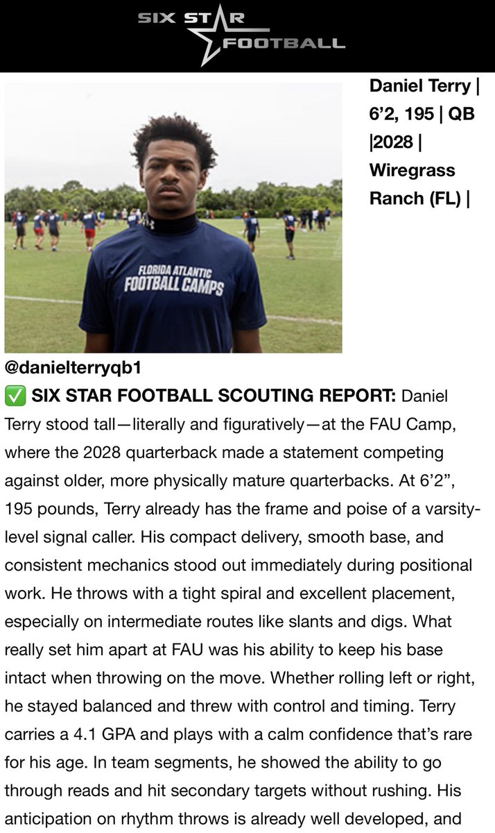 DanielTerryQB1's tweet image. Thank you @sixstarfootball for a great write up! Blessed to have people noticed my hard work. Sophomore Campaign off to a good start 💪🏾💯 #AGTG #QB1 

@CoachGroneqb @hdcoach_mark @WGRanchFootball @QBcoach1 @CJBennett_08 @Coach_Vasey @TaylorBrownFAU @ZKittley @JohnGarcia_Jr…