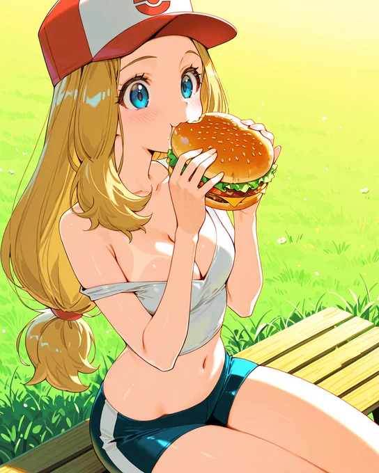 Serena eats her hamburger with relish.