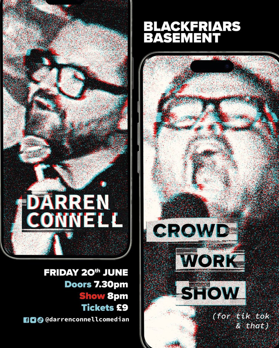 My first show since the kings! 

I will be returning to Blackfriars of Bell Street on Friday 20th June for a crowd work show (material and improv) 

Doors open 7:30pm, show starts at 8pm. 

🎫 are only £9. 

If you want to come, enjoy my stuff, you know the deal