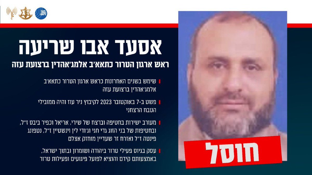 💥 THE MURDERER OF THE BIBAS FAMILY HAS BEEN ELIMINATED💥

Assad Abu Sharia, the head of the Mujahideen Brigades terror organization, who was directly involved in the kidnapping and murder of Shiri, Ariel and Kfir Bibas, Gadi Hagai and Judy Lynn Weinstein and Thai national
