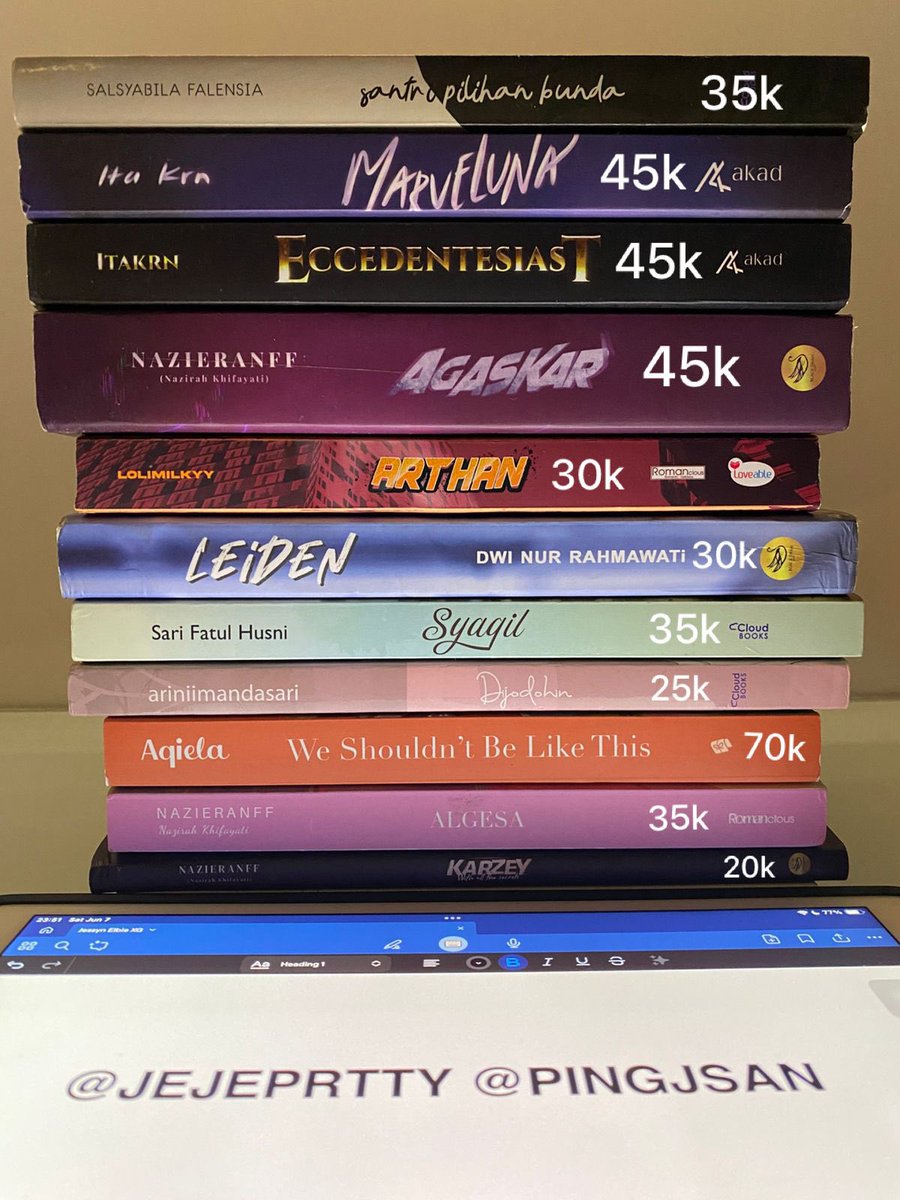 wts preloved novel

- santri pilihan bunda 
- marveluna
- eccedentesiast
- agaskar
- arthan
- leiden
- syaqil
- dijodohin
- we shouldn’t be like this
- algesa
- karzey 
- yang katanya cemara

📍batam
- dm for condi (mostly masi mulus)
- co via 🍊 
- harga exc adm 7,5%
- original