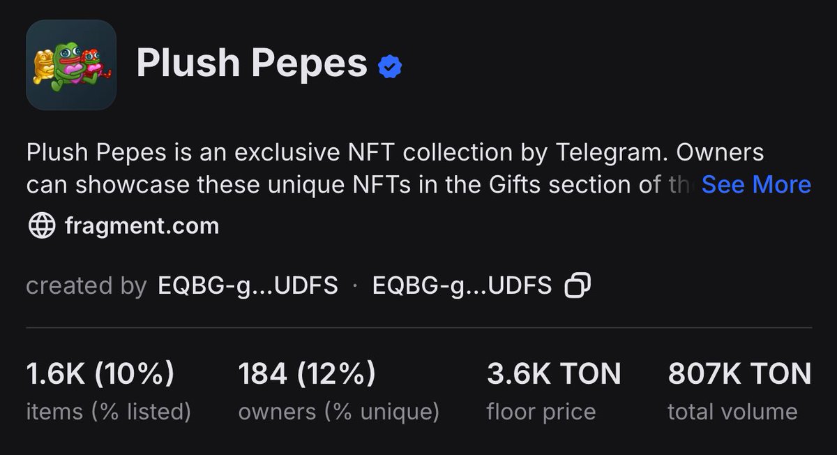 Plush Pepe crossed $10K… now holding strong around 3500 to 3600 $TON floor.

wouldn’t be surprised if it hits $50K floor before July ends, let’s see.

real FOMO hasn’t even kicked in yet, but we have started seeing signs.