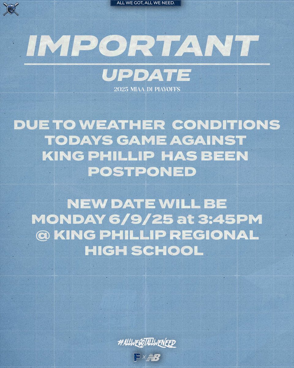 Franklin High School Baseball (@fhsbbaseball) on Twitter photo 🚨Due to weather conditions today's game has been cancelled
New date will Monday 6/9/25 at 3:45 PM @ King Phillip
<a href="/FHSCoachZBrown/">Franklin High School Baseball, MA</a> <a href="/FHSSports/">FranklinAthletics</a> <a href="/RattleCity/">Rattle City ™</a> 🚨Due to weather conditions today's game has been cancelled
New date will Monday 6/9/25 at 3:45 PM @ King Phillip
<a href="/FHSCoachZBrown/">Franklin High School Baseball, MA</a> <a href="/FHSSports/">FranklinAthletics</a> <a href="/RattleCity/">Rattle City ™</a>
