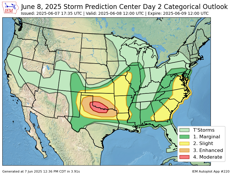 iembot_spc's tweet photo. The Storm Prediction Center issues Day 2 Convective Outlook (Max Risk: Moderate) at Jun 7, 17:35z https://t.co/F7YztyEvdz https://t.co/Y1kA5P9qYn