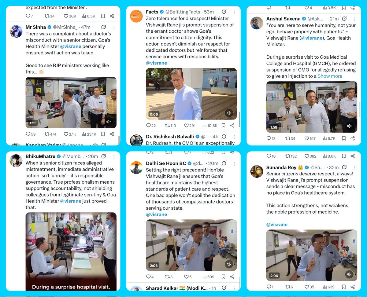 Mohammed Zubair (@zoo_bear) on Twitter photo The usual suspects are promoting and praising the Goa Health Minister <a href="/visrane/">Vishwajit Rane</a> entering a hospital with a camera and suspending a govt hospital doctor for ‘misbehaving’ with a patient.
All these tweets by right wing influencers were shared in less than an hour after there was an The usual suspects are promoting and praising the Goa Health Minister <a href="/visrane/">Vishwajit Rane</a> entering a hospital with a camera and suspending a govt hospital doctor for ‘misbehaving’ with a patient.
All these tweets by right wing influencers were shared in less than an hour after there was an