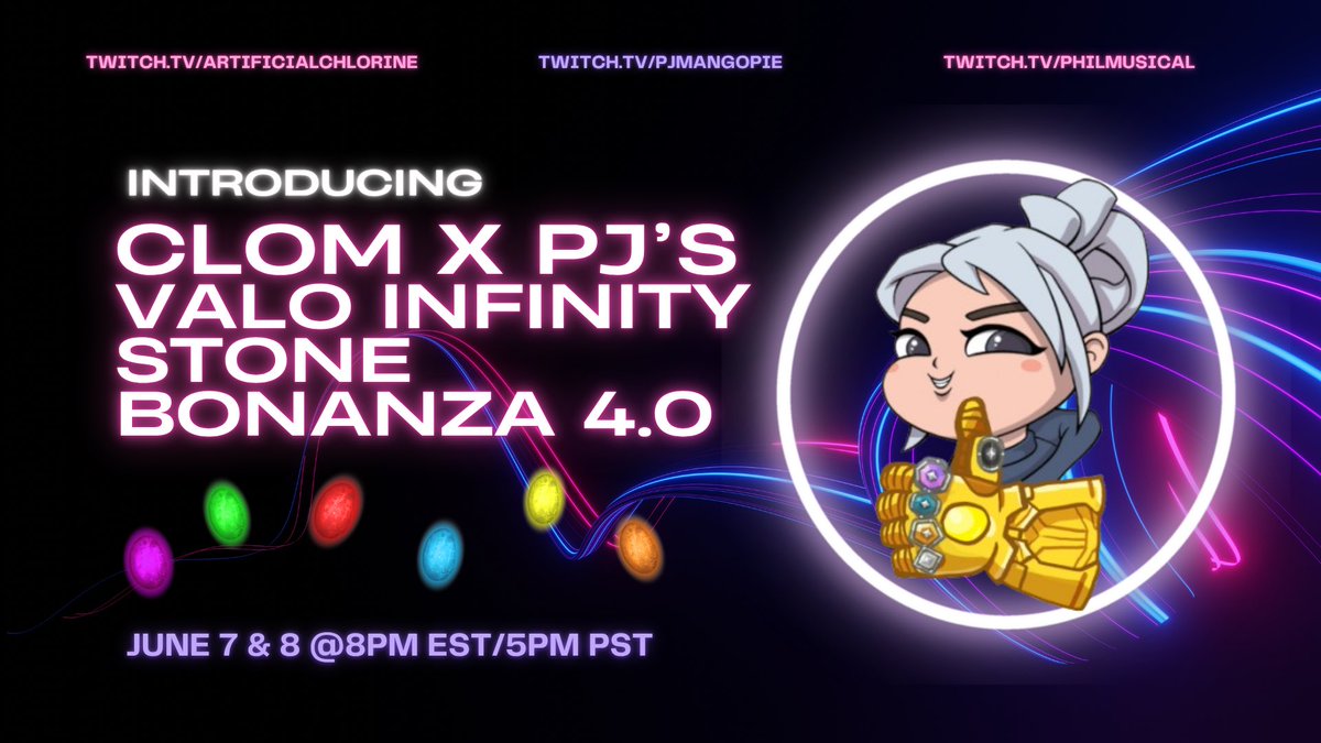 <a href="/ArtificialCl_/">Artificial Chlorine</a> and I are running it back with our Valorant Infinity Stone Bonanza 4.0 TONIGHT at 8pm EST/5pm PST! We’ve got a bunch of passionate players and are excited to bring you a good show 😈

twitch.tv/pjmangopie
twitch.tv/ArtificialChlo…
twitch.tv/Philmusical