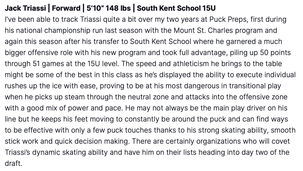 Quebec scoops up skilled South Kent forward Jack Triassi in the 12th and final round of the #QMJHL Draft.

I’m a bit surprised he fell this far honestly, this is an excellent finishing touch on what I thought was an impressive draft for the Remparts.